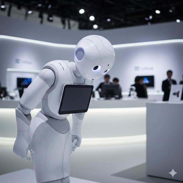 Humanoid robot bowing in a store
